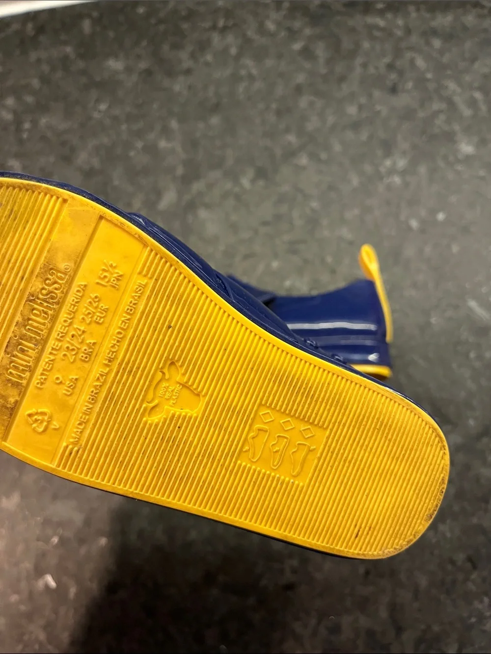 Kids MINI MELISSA Navy Blue Slip-On Shoes with Yellow Pull Tab